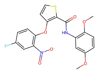 N-(2,5-dimethoxyphenyl)-3-(4-fluoro-2-nitrophenoxy)thiophene-2-carboxamide structure