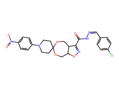 [N'-[(4-chlorophenyl)methylidene]-4,5-bis(hydroxymethyl)-4,5-dihydro-3-isoxazole  carbohydrazide][1-(4-nitrophenyl)piperid-4-one]acetal structure