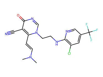 1-(2-{[3-chloro-5-(trifluoromethyl)-2-pyridinyl]amino}ethyl)-6-[2-(dimethylamino)vinyl]-4-oxo-1,4-dihydro-5-pyrimidinecarbonitrile structure