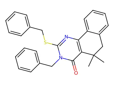 3-benzyl-2-(benzylsulfanyl)-5,5-dimethyl-5,6-dihydrobenzo[h]quinazolin-4(3H)-one structure