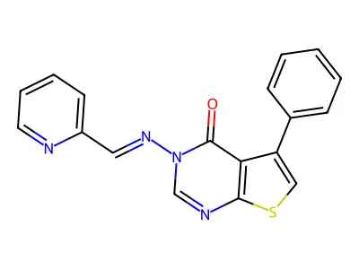 (E)-5-phenyl-3-((pyridin-2-ylmethylene)amino)thieno[2,3-d]pyrimidin-4(3H)-one structure