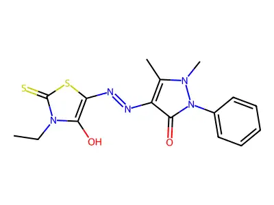 5-[2-(1,5-dimethyl-3-oxo-2-phenyl-2,3-dihydro-1H-pyrazol-4-yl)hydrazin-1-ylidene]-3-ethyl-2-sulfanylidene-1,3-thiazolidin-4-one structure