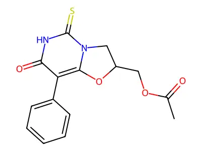 (7-Oxo-8-phenyl-5-thioxo-2,3,6,7-tetrahydro-5H-(1,3)oxazolo(3,2-c)pyrimidin-2-yl)methyl acetate structure