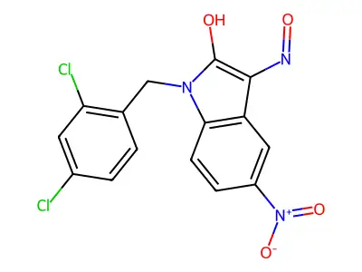 1-(2,4-dichlorobenzyl)-5-nitro-1H-indole-2,3-dione 3-oxime structure