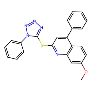 7-methoxy-4-phenyl-2-((1-phenyl-1H-tetrazol-5-yl)thio)quinoline structure