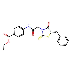 (E)-ethyl 4-(2-(5-benzylidene-4-oxo-2-thioxothiazolidin-3-yl)acetamido)benzoate structure