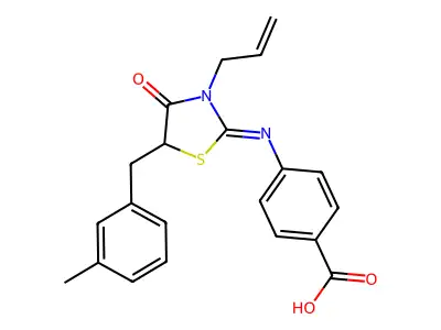 (E)-4-((3-allyl-5-(3-methylbenzyl)-4-oxothiazolidin-2-ylidene)amino)benzoic acid structure