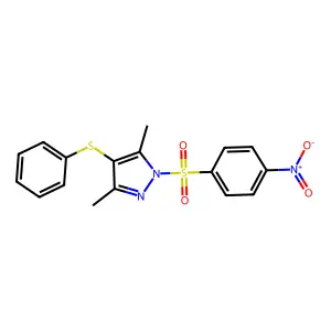 3,5-dimethyl-1-((4-nitrophenyl)sulfonyl)-4-(phenylthio)-1H-pyrazole structure