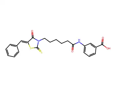 (Z)-3-(6-(5-benzylidene-4-oxo-2-thioxothiazolidin-3-yl)hexanamido)benzoic acid structure