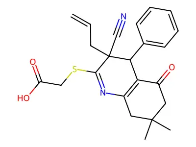 2-((3-allyl-3-cyano-7,7-dimethyl-5-oxo-4-phenyl-3,4,5,6,7,8-hexahydroquinolin-2-yl)thio)acetic acid structure