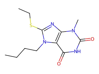 7-butyl-8-(ethylthio)-3-methyl-1H-purine-2,6(3H,7H)-dione structure