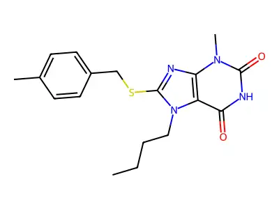 7-butyl-3-methyl-8-((4-methylbenzyl)thio)-1H-purine-2,6(3H,7H)-dione structure