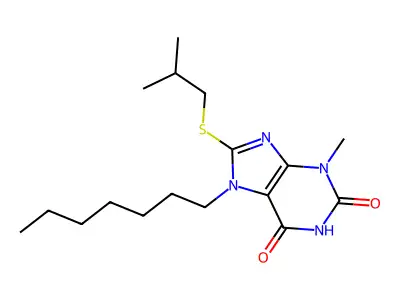 7-heptyl-8-(isobutylsulfanyl)-3-methyl-3,7-dihydro-1H-purine-2,6-dione structure