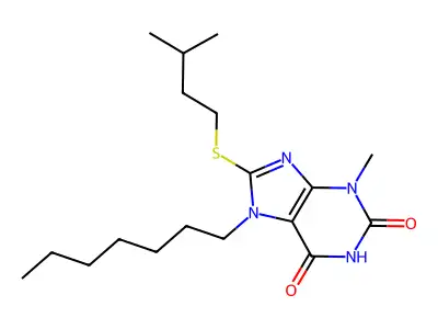 7-heptyl-3-methyl-8-[(3-methylbutyl)sulfanyl]-3,7-dihydro-1H-purine-2,6-dione structure