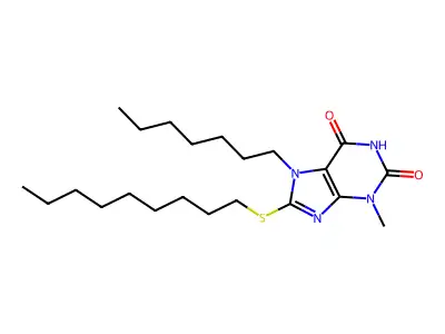 7-heptyl-3-methyl-8-(nonylsulfanyl)-3,7-dihydro-1H-purine-2,6-dione structure
