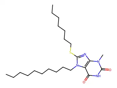 7-decyl-8-(heptylsulfanyl)-3-methyl-3,7-dihydro-1H-purine-2,6-dione structure