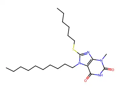 7-decyl-8-(hexylsulfanyl)-3-methyl-3,7-dihydro-1H-purine-2,6-dione structure