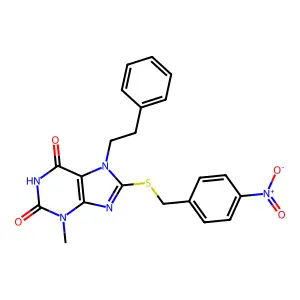 3-methyl-8-[(4-nitrobenzyl)sulfanyl]-7-(2-phenylethyl)-3,7-dihydro-1H-purine-2,6-dione structure