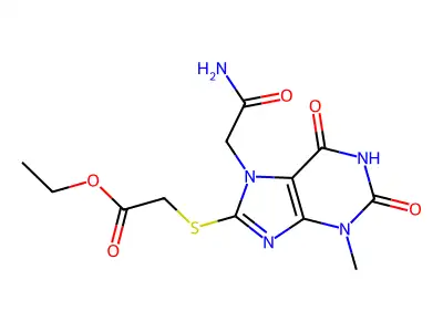 Ethyl 2-[7-(2-amino-2-oxoethyl)-3-methyl-2,6-dioxopurin-8-yl]sulfanylacetate structure
