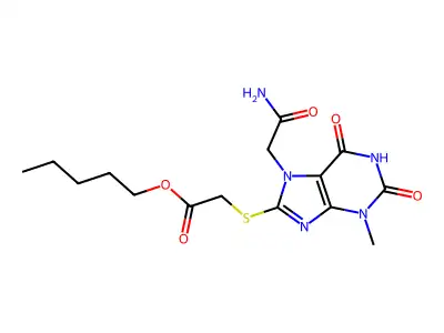 Pentyl 2-[7-(2-amino-2-oxoethyl)-3-methyl-2,6-dioxopurin-8-yl]sulfanylacetate structure