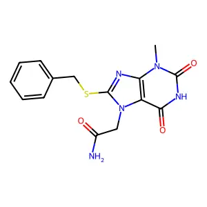 2-(8-(benzylthio)-3-methyl-2,6-dioxo-2,3-dihydro-1H-purin-7(6H)-yl)acetamide structure