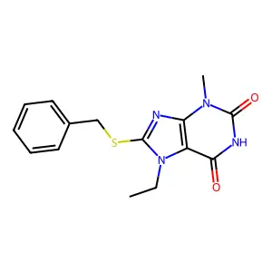 8-(benzylsulfanyl)-7-ethyl-3-methyl-3,7-dihydro-1H-purine-2,6-dione structure