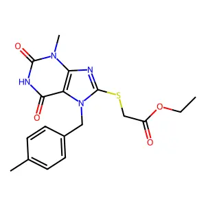 Ethyl 2-[3-methyl-7-[(4-methylphenyl)methyl]-2,6-dioxopurin-8-yl]sulfanylacetate structure