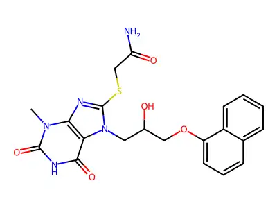 2-((7-(2-hydroxy-3-(naphthalen-1-yloxy)propyl)-3-methyl-2,6-dioxo-2,3,6,7-tetrahydro-1H-purin-8-yl)thio)acetamide structure