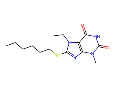 7-ethyl-8-(hexylsulfanyl)-3-methyl-3,7-dihydro-1H-purine-2,6-dione structure