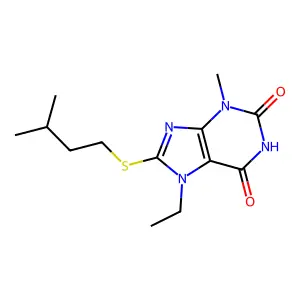 7-ethyl-8-(isopentylthio)-3-methyl-1H-purine-2,6(3H,7H)-dione structure