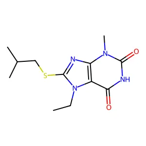 7-ethyl-3-methyl-8-[(2-methylpropyl)sulfanyl]-3,7-dihydro-1H-purine-2,6-dione structure