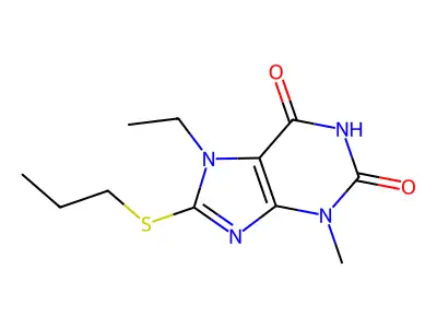 7-ethyl-3-methyl-8-(propylsulfanyl)-3,7-dihydro-1H-purine-2,6-dione structure