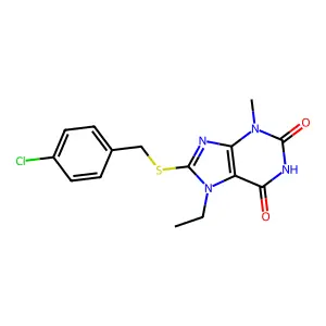 8-((4-chlorobenzyl)thio)-7-ethyl-3-methyl-1H-purine-2,6(3H,7H)-dione structure
