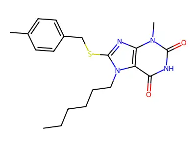 7-hexyl-3-methyl-8-[(4-methylbenzyl)sulfanyl]-3,7-dihydro-1H-purine-2,6-dione structure