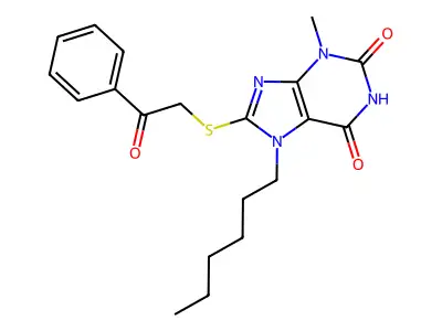 7-hexyl-3-methyl-8-((2-oxo-2-phenylethyl)thio)-1H-purine-2,6(3H,7H)-dione structure