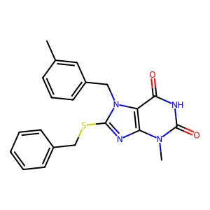 8-(benzylthio)-3-methyl-7-(3-methylbenzyl)-1H-purine-2,6(3H,7H)-dione structure
