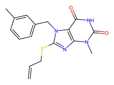 3-Methyl-7-[(3-methylphenyl)methyl]-8-prop-2-enylsulfanylpurine-2,6-dione structure