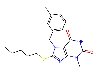 3-methyl-7-(3-methylbenzyl)-8-(pentylsulfanyl)-3,7-dihydro-1H-purine-2,6-dione structure
