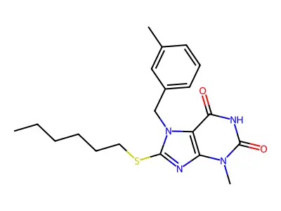 8-(hexylsulfanyl)-3-methyl-7-(3-methylbenzyl)-3,7-dihydro-1H-purine-2,6-dione structure