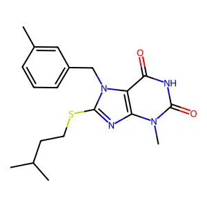 3-Methyl-8-(3-methylbutylsulfanyl)-7-[(3-methylphenyl)methyl]purine-2,6-dione structure