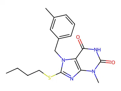 8-(butylsulfanyl)-3-methyl-7-(3-methylbenzyl)-3,7-dihydro-1H-purine-2,6-dione structure