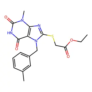 Ethyl 2-[3-methyl-7-[(3-methylphenyl)methyl]-2,6-dioxopurin-8-yl]sulfanylacetate structure