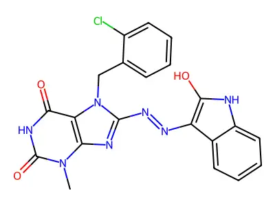 7-[(2-chlorophenyl)methyl]-3-methyl-8-[2-(2-oxoindol-3-yl)hydrazinyl]purine-2,6-dione structure