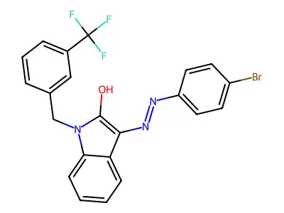 1-[3-(trifluoromethyl)benzyl]-1H-indole-2,3-dione 3-[N-(4-bromophenyl)hydrazone] structure