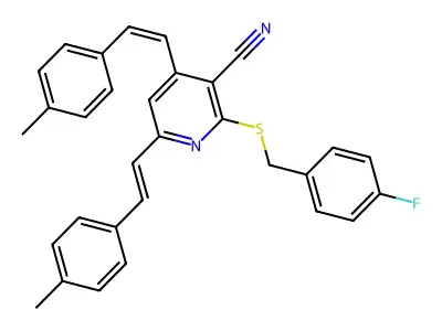 2-[(4-fluorobenzyl)sulfanyl]-4,6-bis(4-methylstyryl)nicotinonitrile structure