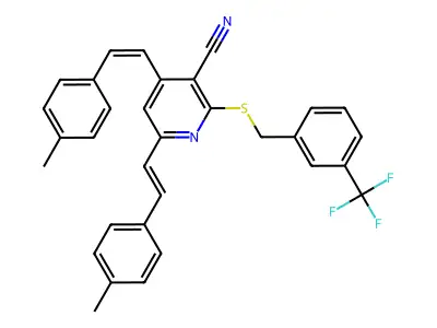 4,6-bis(4-methylstyryl)-2-{[3-(trifluoromethyl)benzyl]sulfanyl}nicotinonitrile structure