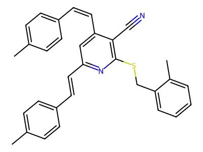 2-[(2-methylbenzyl)sulfanyl]-4,6-bis(4-methylstyryl)nicotinonitrile structure