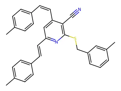 2-[(3-methylbenzyl)sulfanyl]-4,6-bis(4-methylstyryl)nicotinonitrile structure