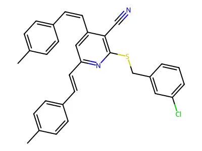 2-[(3-chlorophenyl)methylsulfanyl]-4,6-bis[2-(4-methylphenyl)ethenyl]pyridine-3-carbonitrile structure