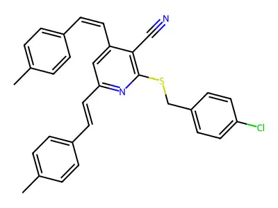 2-[(4-chlorophenyl)methylsulfanyl]-4,6-bis[2-(4-methylphenyl)ethenyl]pyridine-3-carbonitrile structure